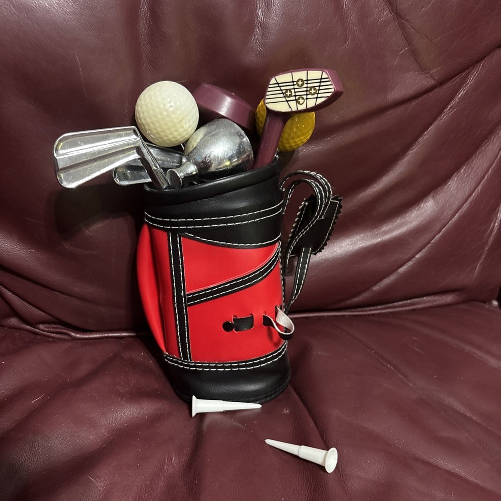 Vintage Bar Set  Mini Golf Bag Novelty Bartending Drink Mixing Gift 7 Piece Red